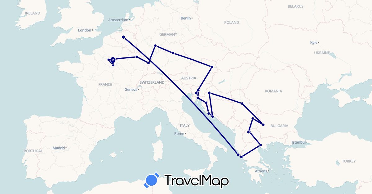 TravelMap itinerary: driving in Austria, Belgium, Bulgaria, Germany, France, Greece, Croatia, Macedonia, Serbia, Slovenia (Europe)
